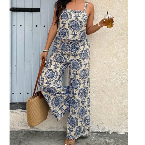 Plus Damask Print Stretchy Waist Wide leg Pants Cami Top Set - Picture 1 of 5
